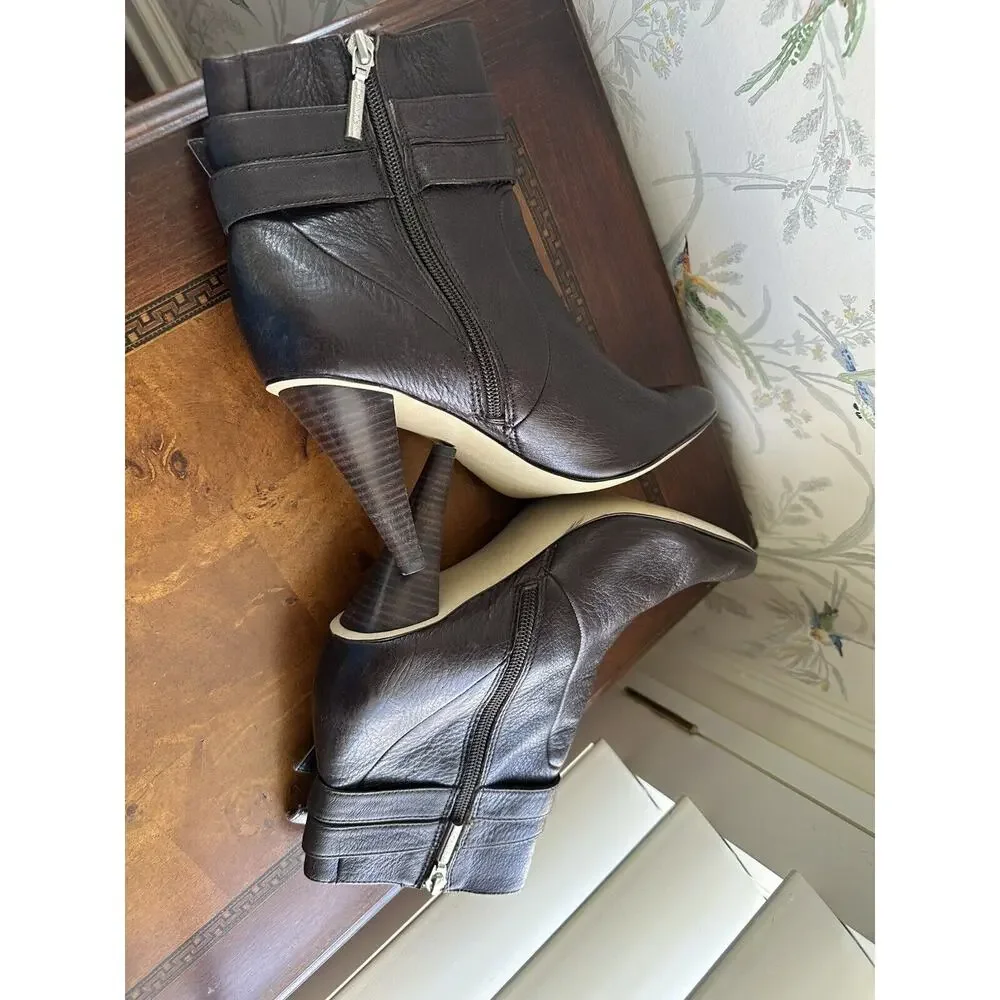 Calvin Klein Brown Booties Ankle Boots Women size 8M Sexy Minimalist Buckles Zip